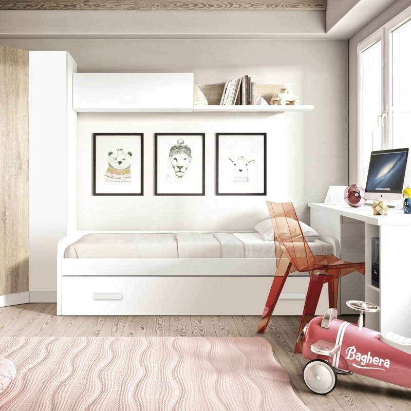 White trundle bed + pull out bed with legs Luca 105x190cm / 90x190cm
