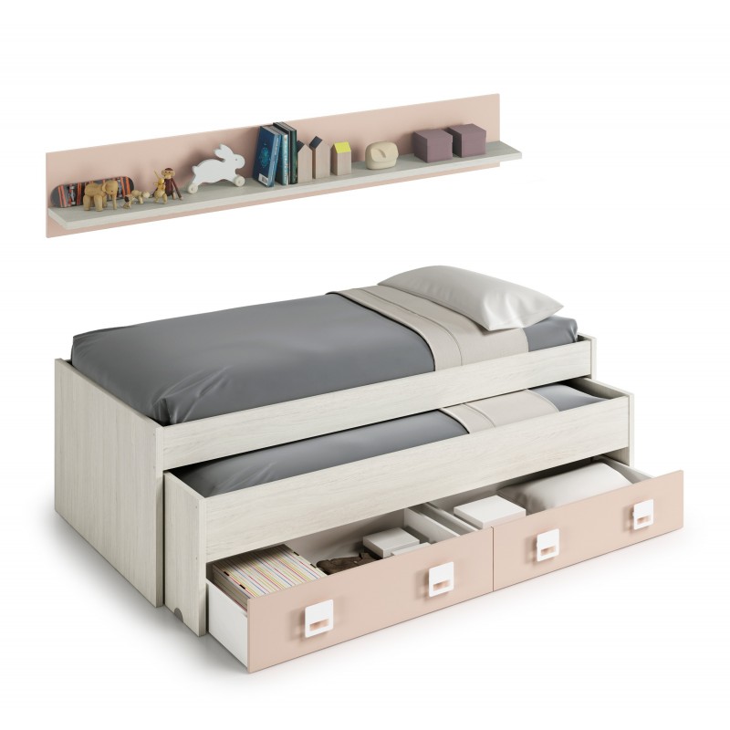 Trundle bed with drawer and shelf pink chipboard Candy 90x190/90x180cm
