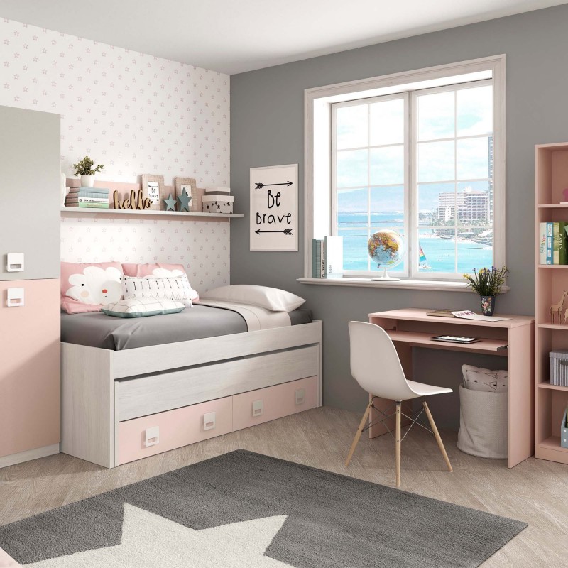 Trundle bed with drawer and shelf pink chipboard Candy 90x190/90x180cm