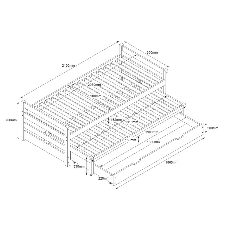 Cama tripla de madeira Pepa 90x200 cm