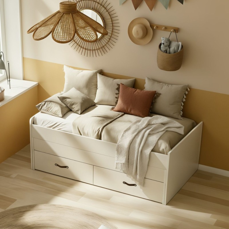 Lit compact 2 lits + 2 tiroirs individuels blanc Abu 90x200cm