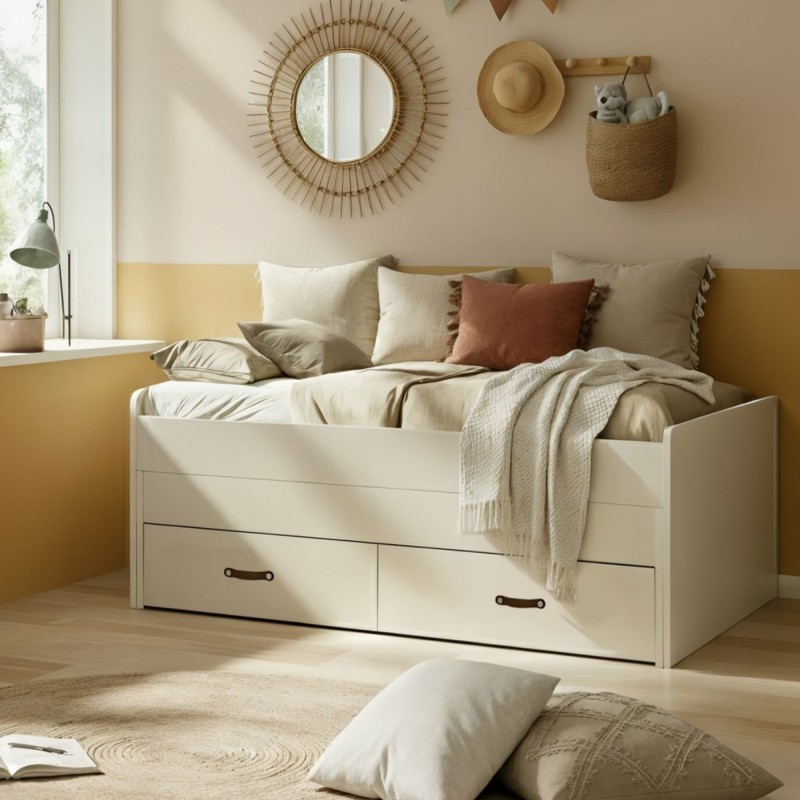 Lit compact 2 lits + 2 tiroirs individuels blanc Abu 90x200cm