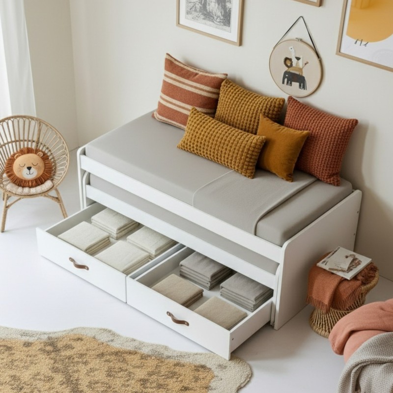 Lit compact 2 lits + 2 tiroirs individuels blanc Abu 105x200cm