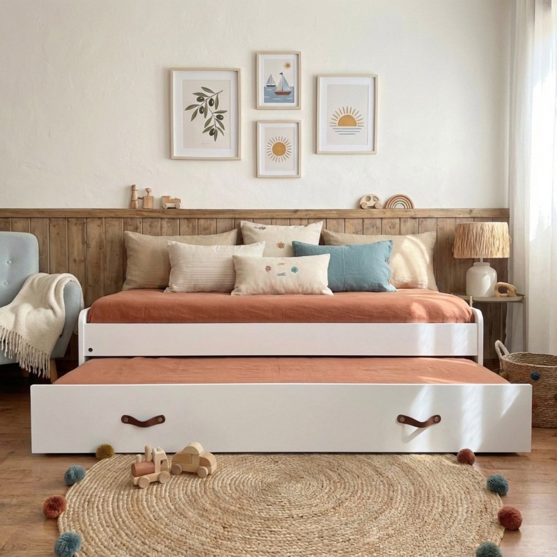 Weißes Bett + Ausziehbett mit Beine Luca 90x190cm / 90x190cm