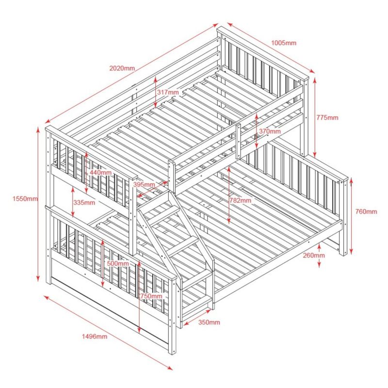Etagenbett dreifach Holz weiß Nick 135x190/90x190cm