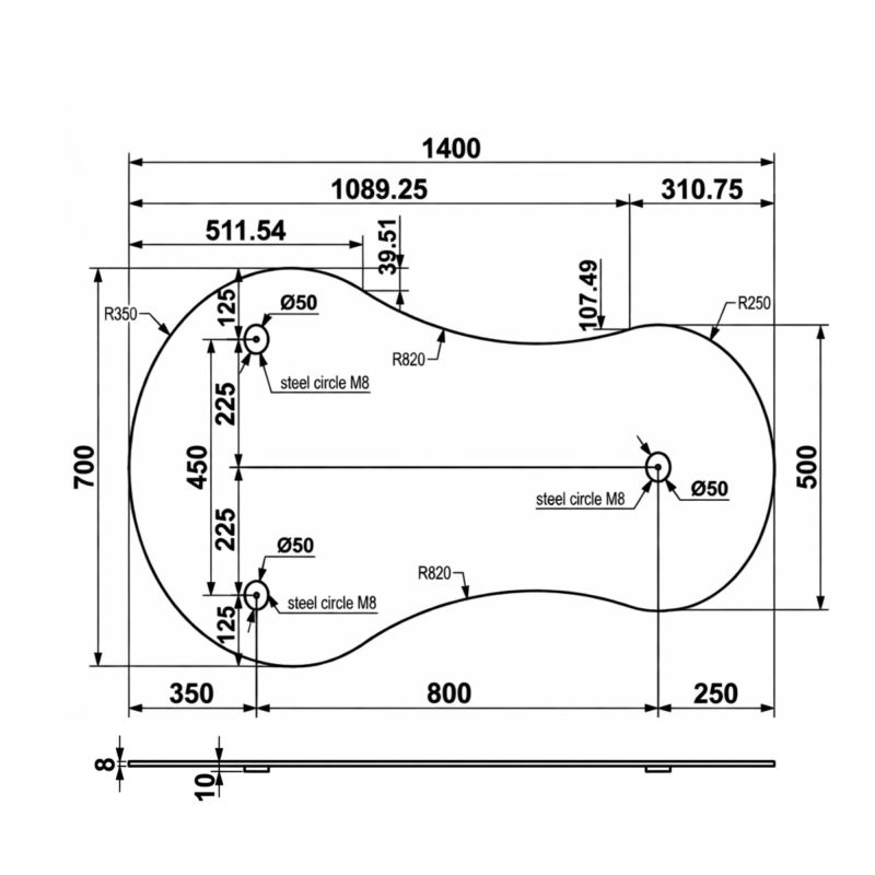 Tapa mesa sin patas cristal 0.8x140x70cm