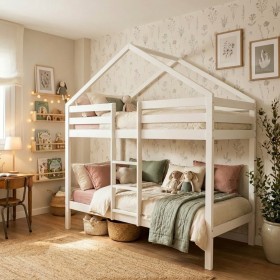 Litera infantil casita de madera Happy blanca 90x190/90x190cm