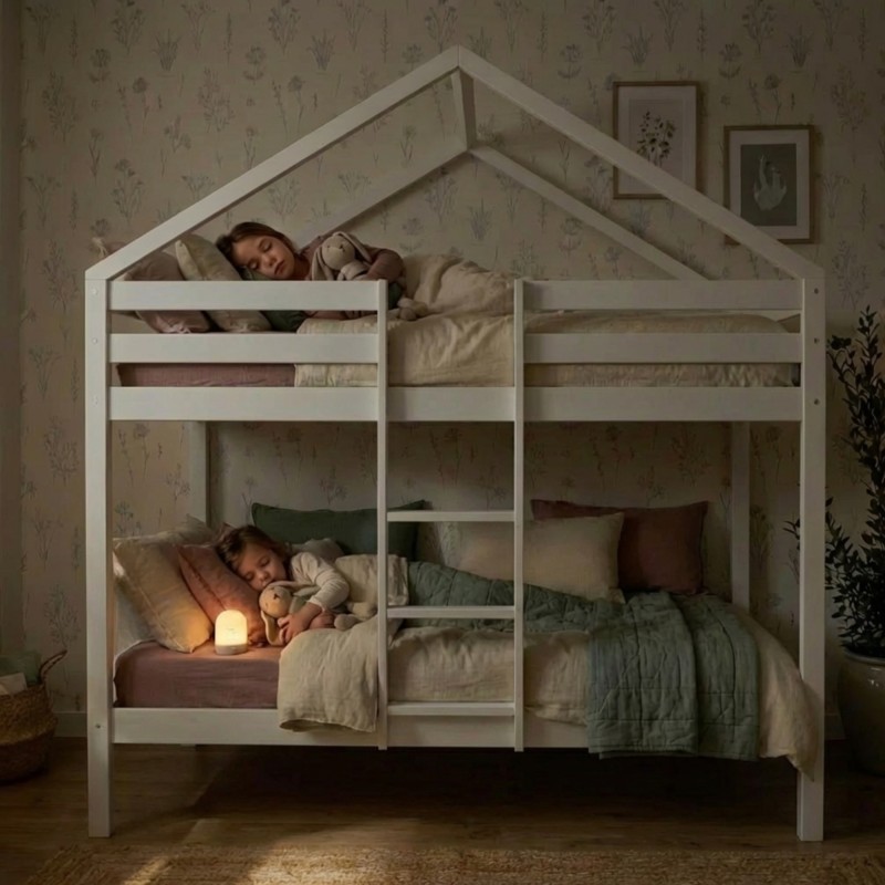 Litera infantil casita de madera Happy blanca 90x190/90x190cm