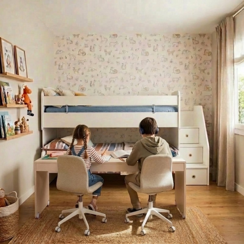 Cama Midi com secretária e cama branca Gia 90x200/90x190cm