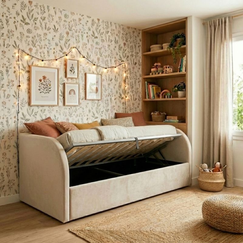 Cama tapizada con almacenamiento beige Arturo 90x190cm