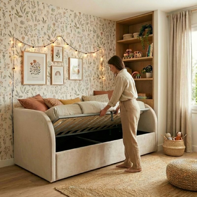 Cama tapizada con almacenamiento beige Arturo 90x190cm