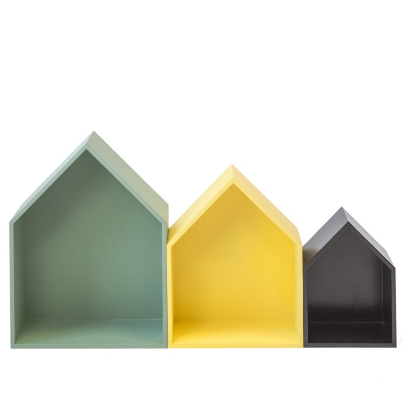 Set 3 estantes casita verde amarillo negro  Decoración Infantil Percheros y estanterías   DISTRIMOBEL Muemue - Muebles