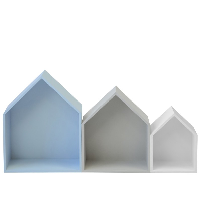 Set 3 estantes casita azul gris y blanco  Decoración Infantil Percheros y estanterías   DISTRIMOBEL Muemue - Muebles