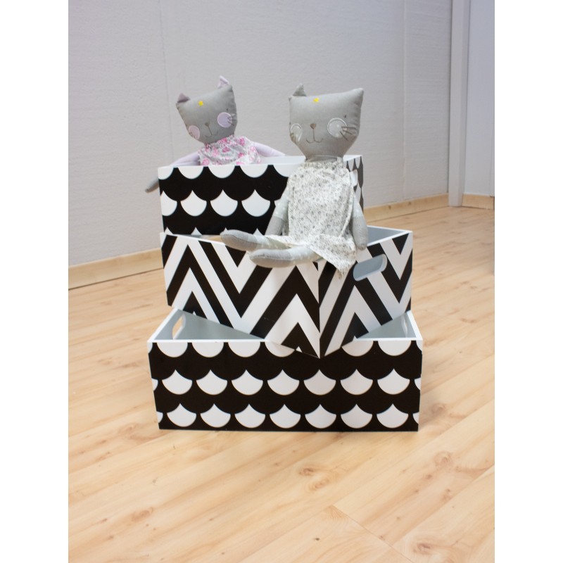 Set 3 cajas de madera decorativas blanco y negro Decoración Infantil Cajas y cestos DISTRIMOBEL Muemue - Muebles