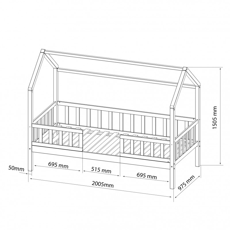 Hüttenbett für Kinder mit Geländer Sawyer 90x190cm