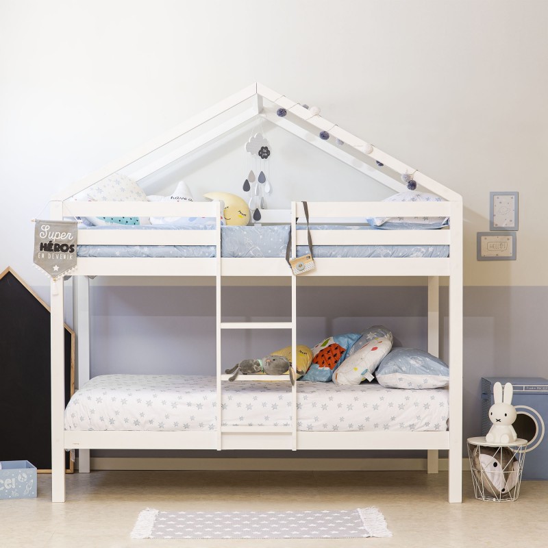 Lit superposé pour enfant petite maison en bois Happy blanche 90x190/90x190cm