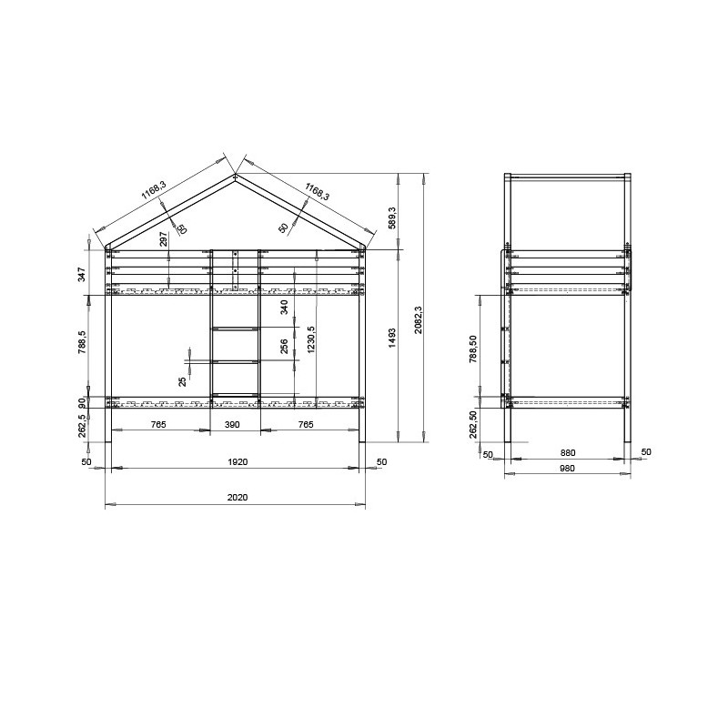 Lit superposé pour enfant petite maison en bois Happy blanche 90x190/90x190cm