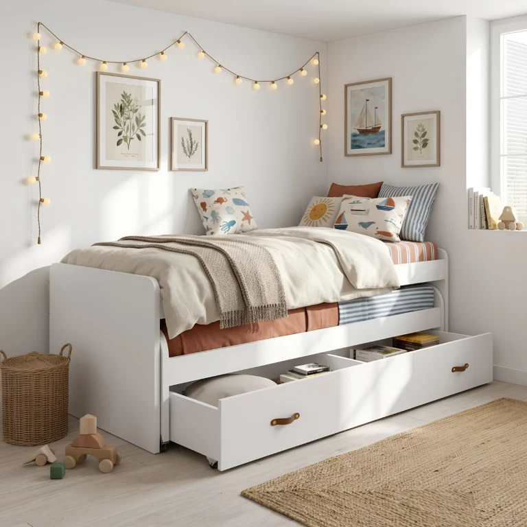 Cama compacta blanca 90x200 con dos camas y 2 cajones para habitación infantil funcional y ordenada