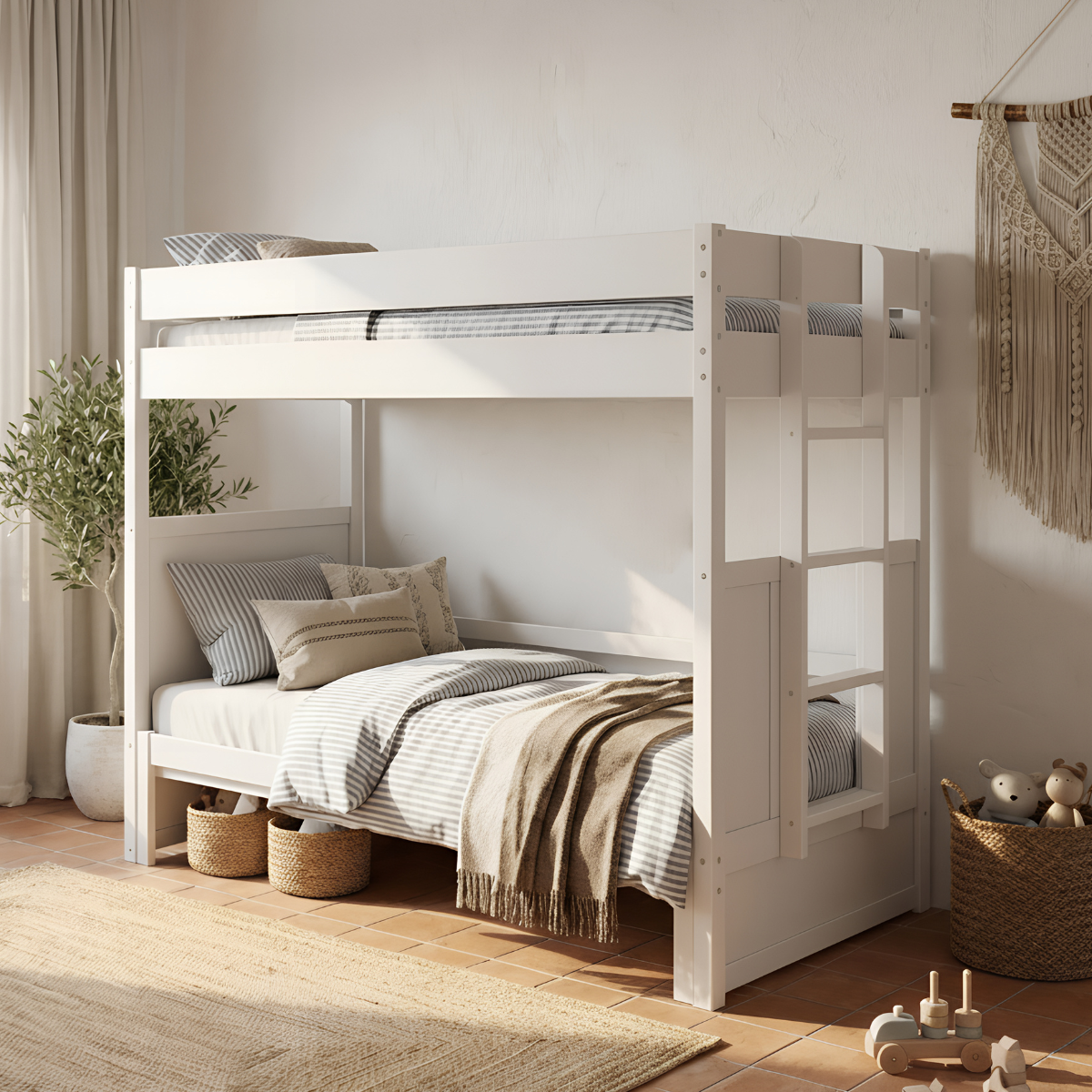 Litera de madera blanca convertible en cama matrimonio